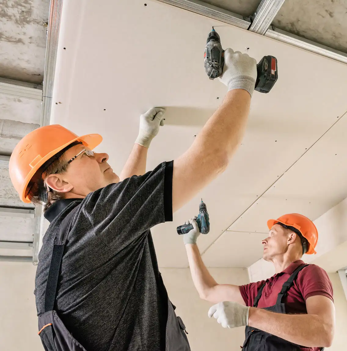 Two workers installing a drywall ceiling during an interior build-out