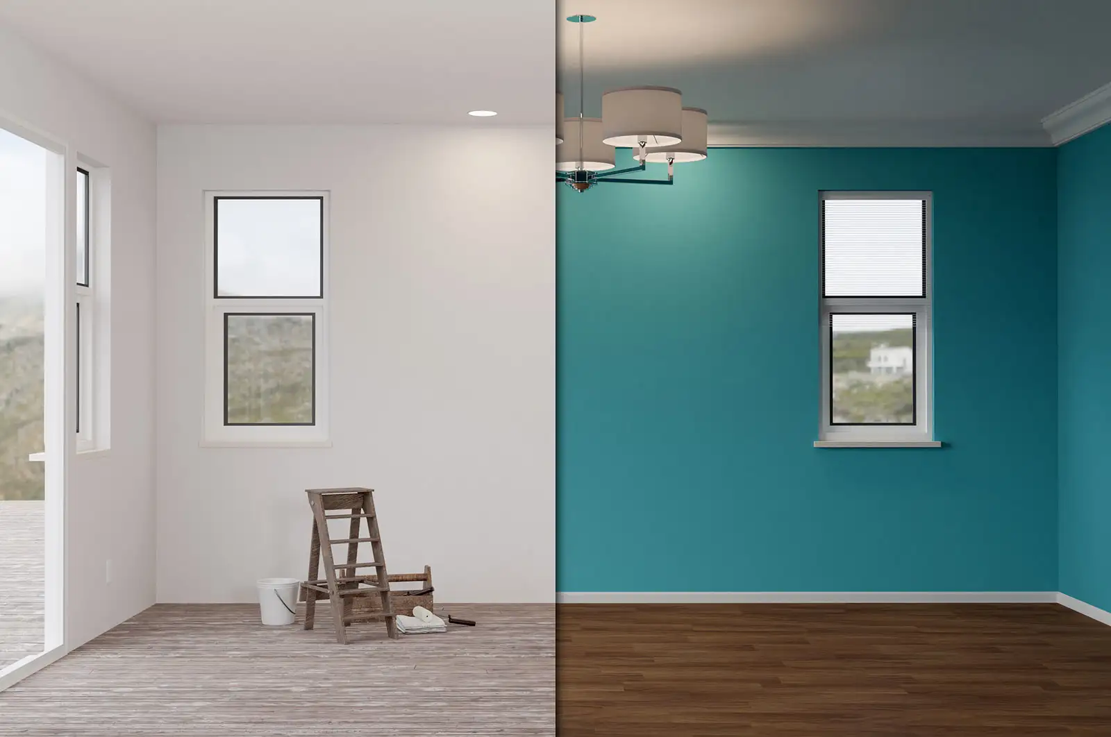 Before and after transformation of a remodeled room with updated fixtures